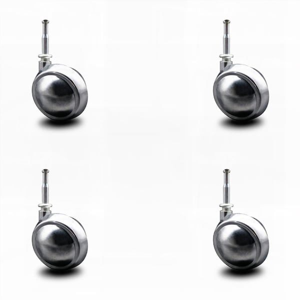 2.5 Inch Bright Chrome Metal Ball Caster - Grip Neck Stem - SCC, 4PK